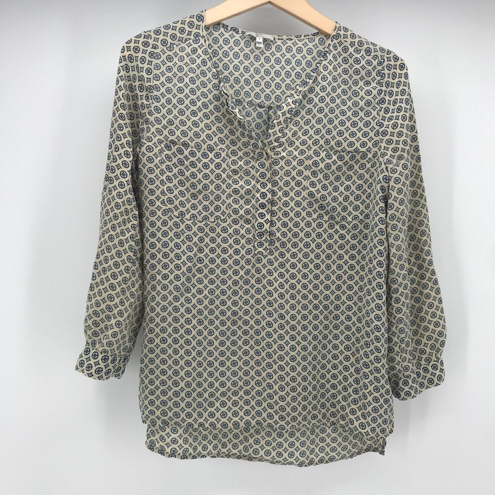 Joie Top Womens Small Medallion Blue Ivory Print Silk 3/4 Sleeve Missprint